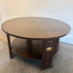 Stickley Round Coffee Table Dark Oak w/ Marquetry Detail, Sku 033990