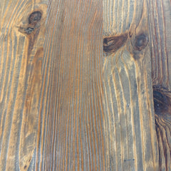 Four Hands Round Dining Table with Textured Tulip Base, Table Surface is Rough Hewn Wood Surrounded in Metal with Rivets, Sku 033836