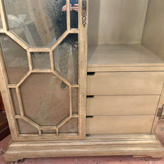 Wood and Smoked MIrror Armoire Rustic Taupe Finish with Octagonal Motif Interior Contains 3 Drawers and Open Shelving, Sku 034089
