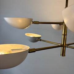 BZ Visual Comfort, Chandelier, 8 Arm Matte Brass Clam Shell, Globes in White Metal, Sku 033365