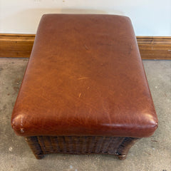 Restoration Hardware Deck Chair and Ottoman Dark Brown Wicker and Wood Arm Rests Cognac Leather Cushions Adjustable Pegs for Desired Reclining Position