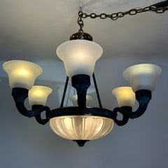 Corbett Chandelier, Six Arm, Bronze and Copper Frame, Frosted Glass Shades, Sku: 032980