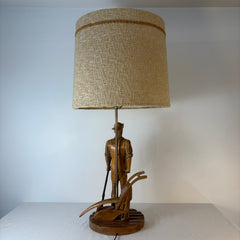 Vintage Table Lamp, Carved Wood Farmer, Plow and Brass Shot Gun, Textured Vintage Shade, Sku: 033523