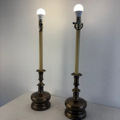 Pair of Brass Table Lamps with Candlestick Styling Brass Base and Finial have Aged to Perfection, Sku 034103
