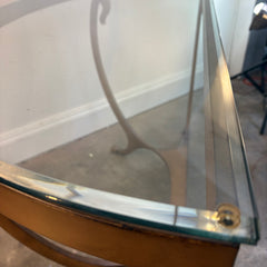 Thomasville Glass and Steel Demilune Console Table. Base Color is Umber and the Shape Features Swoops and Convex Curves, Sku 034040