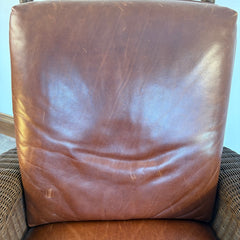 Restoration Hardware Deck Chair and Ottoman Dark Brown Wicker and Wood Arm Rests Cognac Leather Cushions Adjustable Pegs for Desired Reclining Position