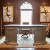Double Pedestal Desk 3 Top Drawers with 2 Lower Cabinets Soft Silver Finish with Pale Gold Trim, Sku 033625