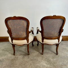 Pair of Carved Oval Cane Back Armchairs, Brown, Beige