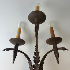 Pair of Three-Arm Wall Sconces Acanthus Leaf Detail, Rust Like Patina, Sku: 033332
