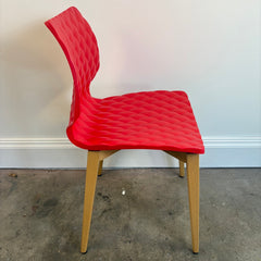 Set of 4 Metalmobil Dining Chairs Molded Red Shell, Diamond Pattern on Maple Leg Structure, Sku 033835
