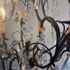 Antique French Six Arm Bronze & Crystal Chandelier w/ Clear & Mocha Colored Crystals, Sku 033733