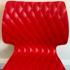 Set of 4 Metalmobil Dining Chairs Molded Red Shell, Diamond Pattern on Maple Leg Structure, Sku 033835