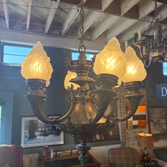 Antique Six-Arm Glass Flame Globe Chandelier, Brass, Sku 033704