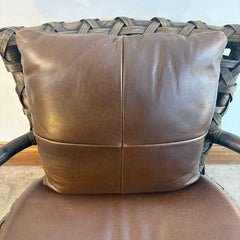 Palecek Arm Chairs Rattan and Woven Natural Material Loose Cushions in Supple Brown Leather, Sku 033804