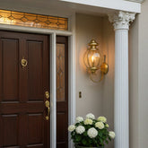 Brass Light Gallery Exterior Brass Sconce with Beveled Glass, Curved Base, Sku 033638