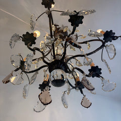 Antique French Six Arm Bronze & Crystal Chandelier w/ Clear & Mocha Colored Crystals, Sku 033733