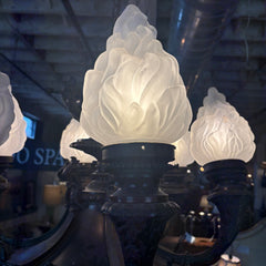 Antique Six-Arm Glass Flame Globe Chandelier, Brass, Sku 033704