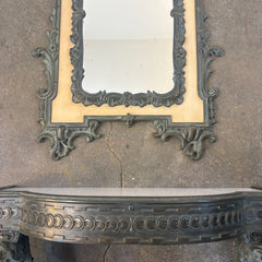 Antique French Renaissance Revival Style Wall Mounted Console Table and Mirror, Verdigris Finished Metal, Table Surface is Faux Stone, Sku 033516