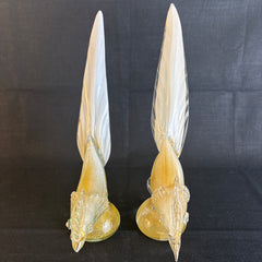 Pair of Art Glass Birds, Possibly Murano, Clear, White and Gold Speckles, 033871