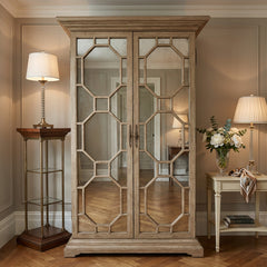 Wood and Smoked MIrror Armoire Rustic Taupe Finish with Octagonal Motif Interior Contains 3 Drawers and Open Shelving, Sku 034089