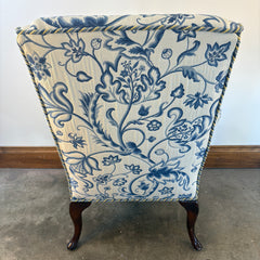 Custom Upholstered Wing Back Chair, Indigo & Cream Turkish Flower Pattern, Sku: 033545