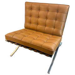 Barcelona Chair Designed by Mies van der Rohe in 1929 Polished Chrome Crisscross Base and New Hand Stitched Welted Carmel Brown Leather Squares, Sku 034141