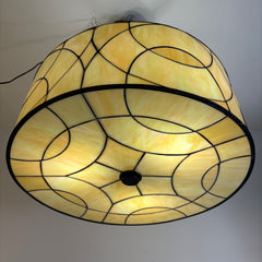 Contemporary Stained Glass Pendant with 3 Sockets, Pale Yellow Swirl Glass, Oil Rubbed Bronze Elliptical Down Rod Support, Sku 033760