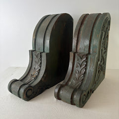 Pair of Wood Corbels, Olive Green with Ornate Acanthus Leaf Design, Sku: 033091