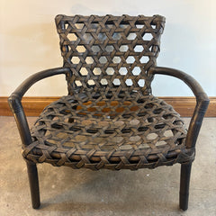 Palecek Arm Chairs Rattan and Woven Natural Material Loose Cushions in Supple Brown Leather, Sku 033804