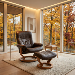 Ekornes of Norway Stressless Recliner and Footstool Brown Leather and Teak Base Ergonomic Adjustability, Sku 034060