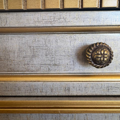 Credenza, Three Lower Cabinets, 3 Top Drawers Finish inSoft Silver, Pale Gold Trim, Sku: 033622