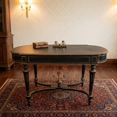 Black & Gold Italian Desk, Leather Top, Pencil Drawer, Elaborate Detailing, Base Stretcher, Finial Detail, Sku 034059