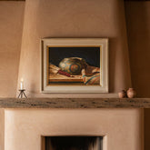 Artist: S. Krzyston, 1990 Oil Painting on Canvas "Zuni Memories" Framed in Distressed Ivory Wood, Linen Matte and Gold Enhancer, Subject: Native American Vase, Maize and Blanket, Sku 033511