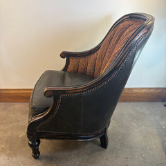 Pair of Vanguard Leather & Paisley Fabric Club Chairs w/ Nailhead Detail & Ebonized Finish, Sku 033715