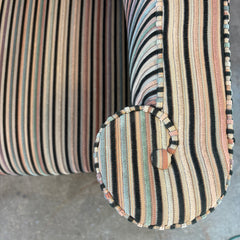 Pair of Vintage Casa Bique Neo Classical Style Arm Chairs, Cut Velvet Striped Upholstery Black, Beige, Blush, Aqua, Scrolled Arm Detail, Great Condition, Chairish Price $1810 Each, Sku 033475
