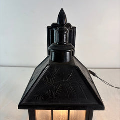 Exterior Wall Sconce Lantern Style Black Finished Steel, Pebbled Glass, Fern Motif, Sku: 033721