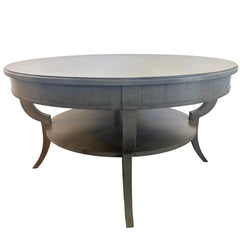 Sherrill Furniture Company, Round Cocktail Table, Lower Shelf and Saber Legs, Stone Colored Finish on Wood, Sku 033626
