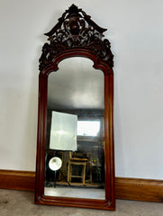 Wall Mirror, Ornate Carved Wood Pediment Top Mirror
