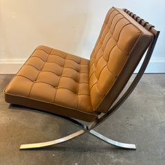 Barcelona Chair Designed by Mies van der Rohe in 1929 Polished Chrome Crisscross Base and New Hand Stitched Welted Carmel Brown Leather Squares, Sku 034141
