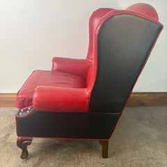 TLSC TEXAS Custom Upholstered Wing Chair and Ottoman Contrasting Red and Black Leather, Sku 033313