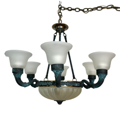 Corbett Chandelier, Six Arm, Bronze and Copper Frame, Frosted Glass Shades, Sku: 032980