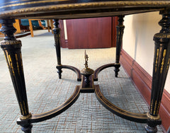 Black & Gold Italian Desk, Leather Top, Pencil Drawer, Elaborate Detailing, Base Stretcher, Finial Detail, Sku 034059