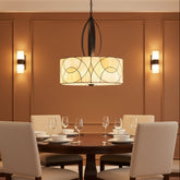 Contemporary Stained Glass Pendant with 3 Sockets, Pale Yellow Swirl Glass, Oil Rubbed Bronze Elliptical Down Rod Support, Sku 033760