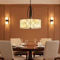 Contemporary Stained Glass Pendant with 3 Sockets, Pale Yellow Swirl Glass, Oil Rubbed Bronze Elliptical Down Rod Support, Sku 033760