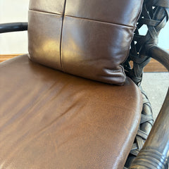 Palecek Arm Chairs Rattan and Woven Natural Material Loose Cushions in Supple Brown Leather, Sku 033804