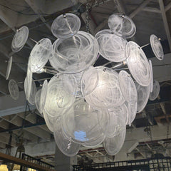 Visual Comfort AERIN "Loire" Semi-Flush Chandelier, White Strie Glass Disc Detail, Polished Silver Tone Base, Sku 033635