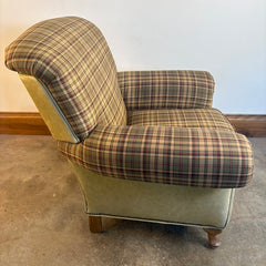 Great Western Brand Armchair Ottoman Set, Pale Green Leather, Plaid Upholstery, Sku: 033674