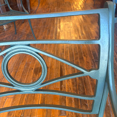 Pair of Neoclassical Style Cast Aluminum Patio Arm Chairs in Sea Green, With Weave Style Seats, Sku: 033758