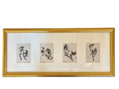 Ink Artwork by David P. H. Wong, Four Horses Individually Matted and in Gold Frame, Sku: 033038