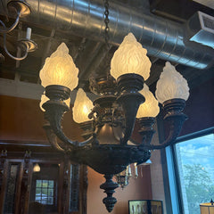 Antique Six-Arm Glass Flame Globe Chandelier, Brass, Sku 033704